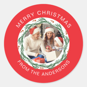 Simple Elegant Round Christmas Photo Family Name Classic Round Sticker