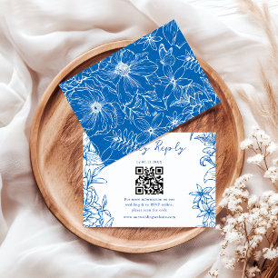 Simple Elegant Royal Blue Floral QR Code Wedding RSVP Card