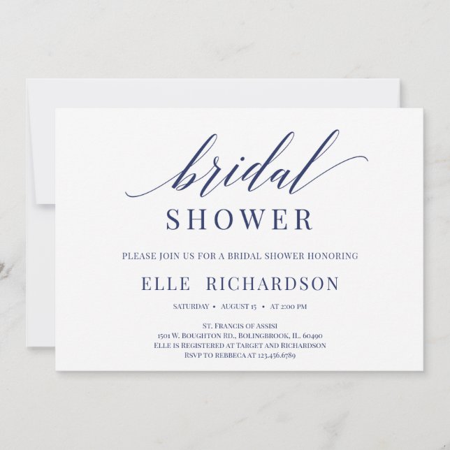Simple elegant rustic navy script bridal shower invitation (Front)