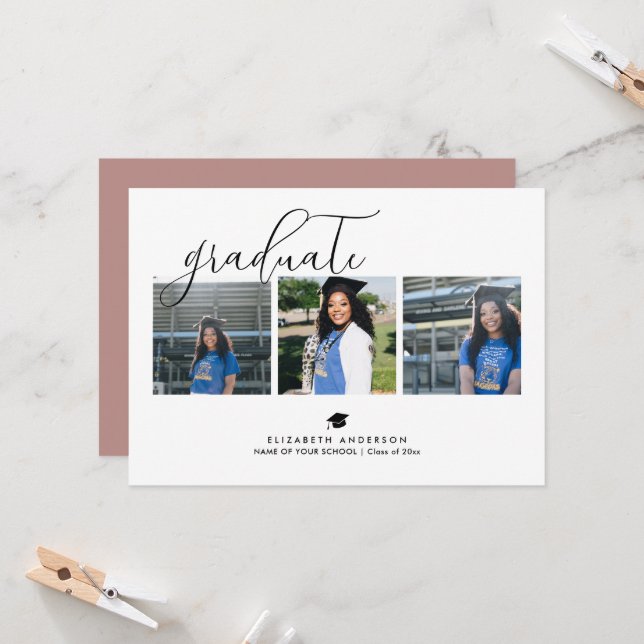 Simple Elegant Rustic Pink Graduation Photo Invitation (Front/Back In Situ)