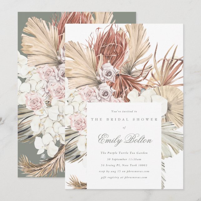 Simple Elegant Sage Floral Moss Green Pampas Boho Invitation (Front/Back)