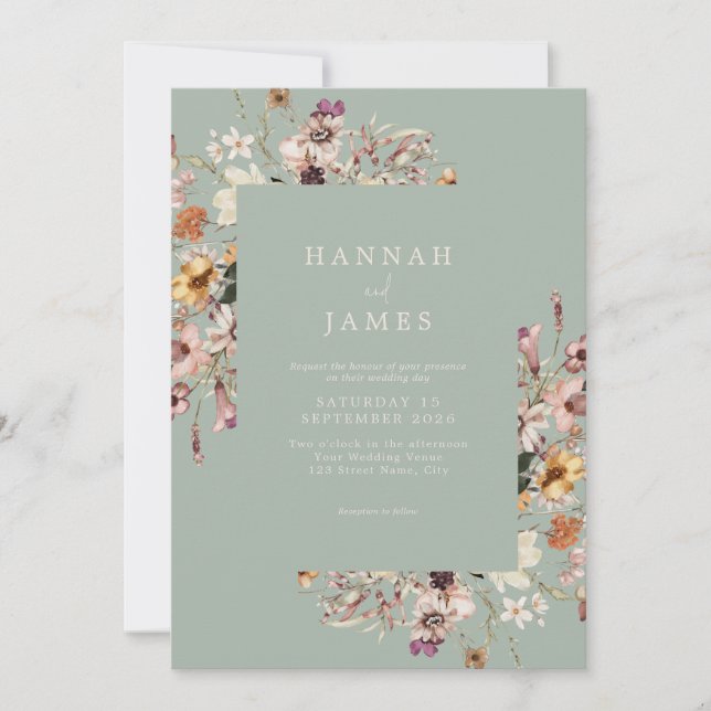Simple Elegant Sage Green Botanical Floral Wedding Invitation (Front)