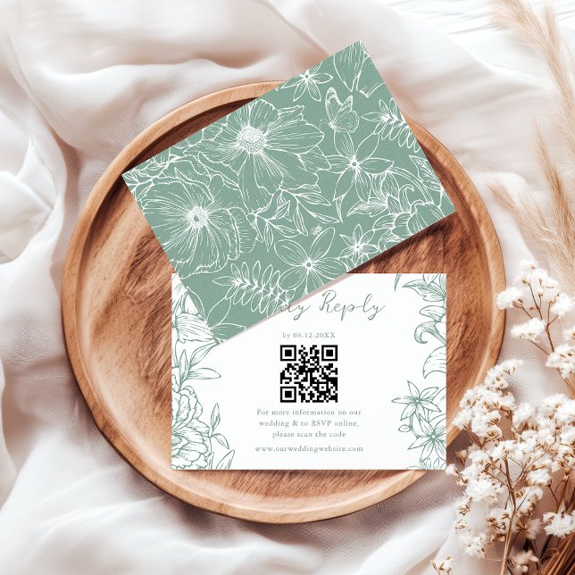 Simple Elegant Sage Green Floral QR Code Wedding RSVP Card (Creator Uploaded)