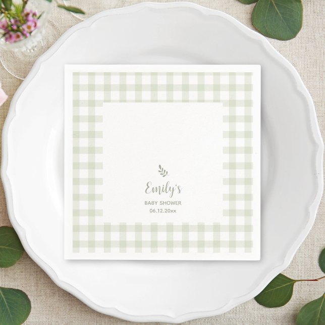 Simple Elegant Sage Green Gingham Baby Shower Napkin (Creator Uploaded)