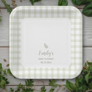 Simple Elegant Sage Green Gingham Baby Shower Paper Plate
