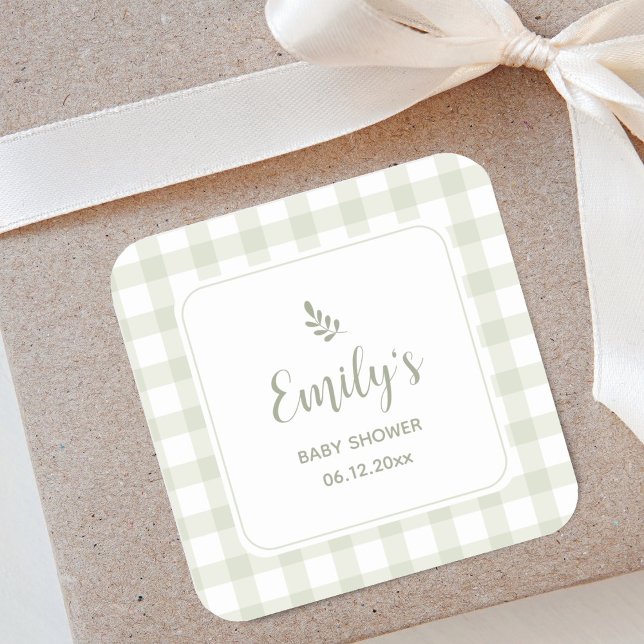 Simple Elegant Sage Green Gingham Baby Shower Square Sticker (Creator Uploaded)