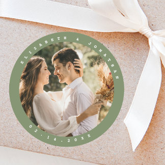 Simple Elegant Sage Green Greenery Wedding Photo Classic Round Sticker