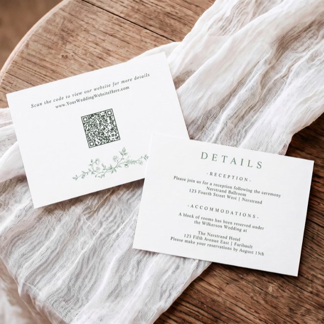 Simple Elegant Sage Green Wedding QR Code Enclosure Card (Simple sage green wedding details card with reception information and QR code on back)