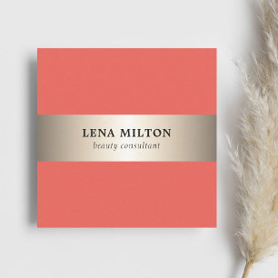 Simple Elegant Salmon Faux Gold Stripe Consultant Square Business Card