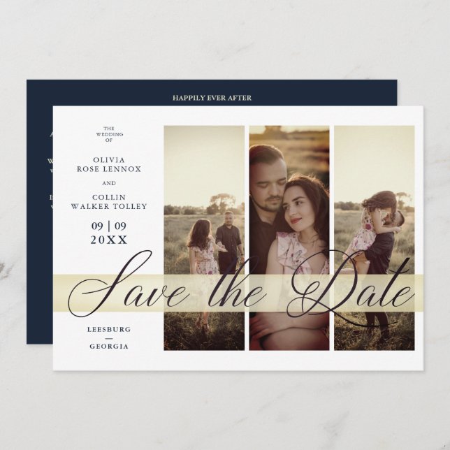 Simple Elegant Script 3 Photos Couple in Navy Save The Date (Front/Back)