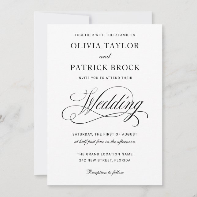 Simple Elegant Script Black and White Wedding Invitation (Front)