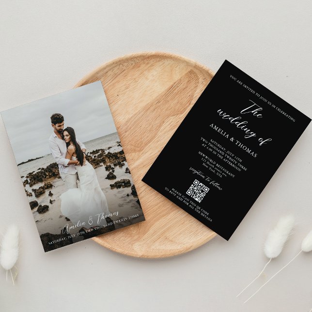 Simple Elegant Script Black Photo QR Code Wedding Invitation (Creator Uploaded)