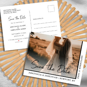 Simple Elegant Script Black & White Photo Wedding  Announcement Postcard
