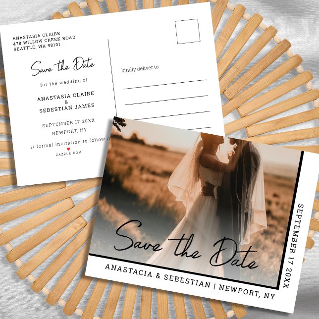 Simple Elegant Script Black & White Photo Wedding  Announcement Postcard (Simple Elegant Script Black & White Photo Wedding Announcement Postcard)