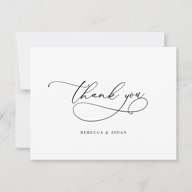 Simple Elegant Script Black & White Wedding Thank You Card (Front)