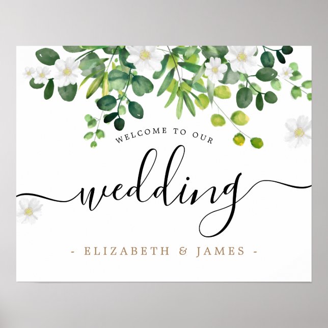 Simple Elegant Script Botanical Greenery Wedding Poster (Front)