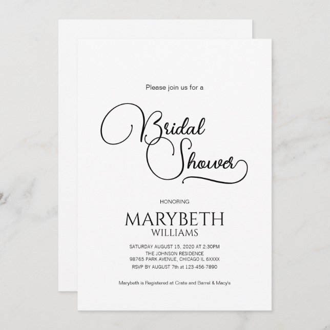 Simple Elegant Script Bridal Shower Invitation (Front/Back)