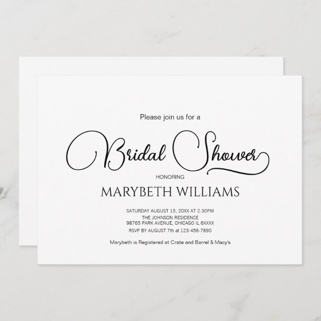 Simple Elegant Script Bridal Shower  Invitation (Front/Back)