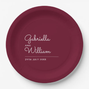 Simple Elegant Script Burgundy Wedding Paper Plate