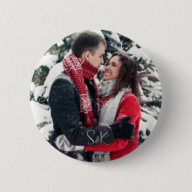 Simple Elegant Script Couple Photo and Initials 6 Cm Round Badge (Front)