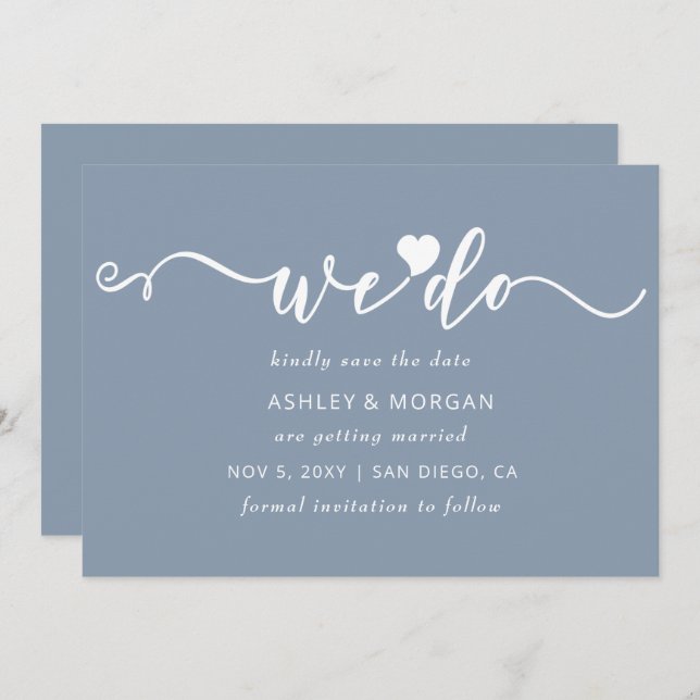 Simple Elegant Script Dusty Blue Heart We Do Save The Date (Front/Back)
