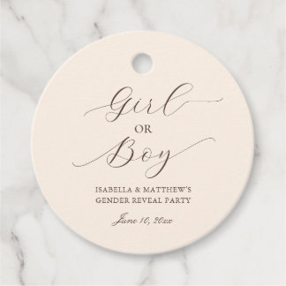 Simple Elegant Script Gender Reveal Beige Party  Favour Tags