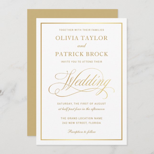 Simple Elegant Script Gold and White Wedding Invitation (Front/Back)