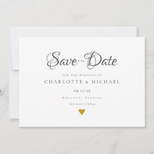Simple Elegant Script Gold Heart Save The Date