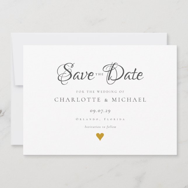 Simple Elegant Script Gold Heart Save The Date (Front)