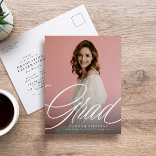 Simple elegant script grad one photo graduation postcard