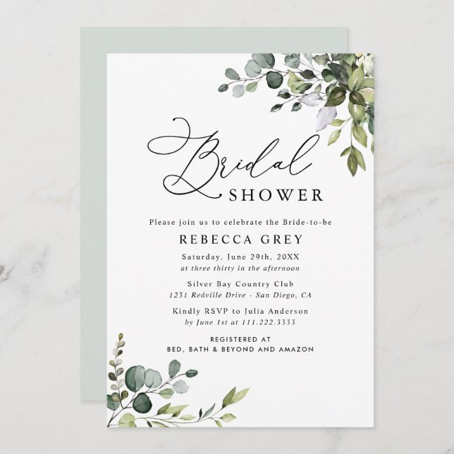 Simple Elegant Script Greenery Bridal Shower Invitation (Front/Back)