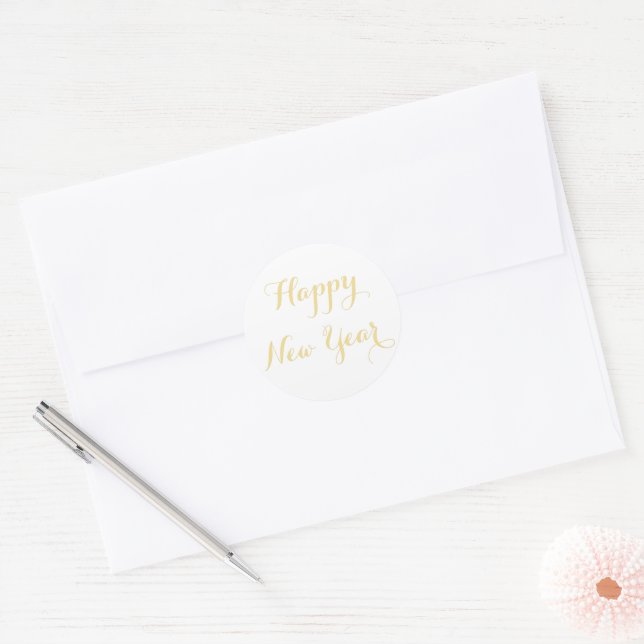 Simple Elegant Script Happy New Year Gold White Classic Round Sticker (Envelope)