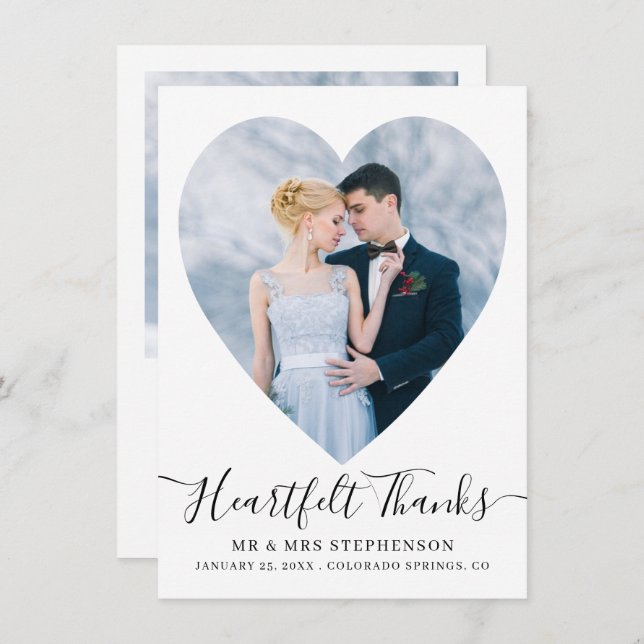 Simple Elegant Script Heart 2 Photo Wedding Thank You Card (Front/Back)