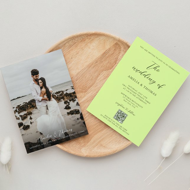 Simple Elegant Script Lime Green QR Code Wedding Invitation (Creator Uploaded)