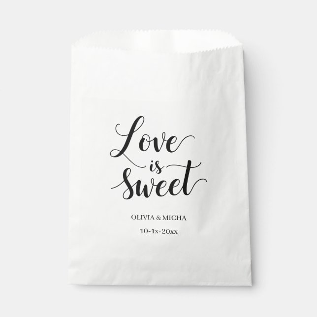 simple elegant script Love is sweet wedding favour Bags (Front)