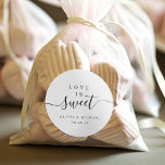 Simple elegant script love is sweet wedding favour classic round sticker<br><div class="desc">Modern minimalist script "love is sweet" with couple's names and event date,  simple and elegant. great personalised favour stickers</div>