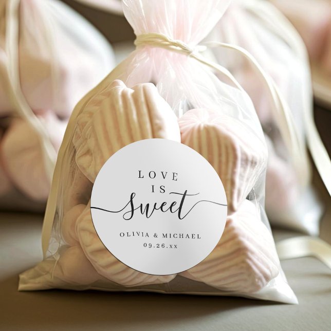 Simple elegant script love is sweet wedding favour classic round sticker (Simple elegant script love is sweet wedding favor classic round sticker)