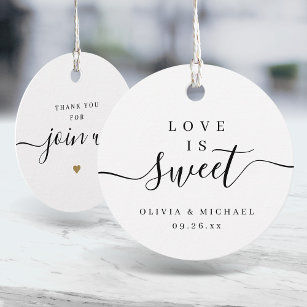 Simple elegant script love is sweet wedding favour tags