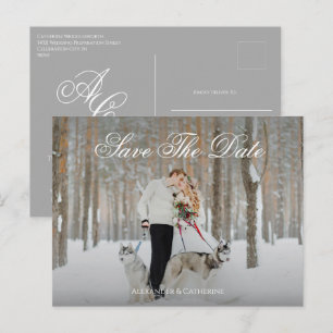 Simple Elegant Script Monogram Photo Save The Date Postcard