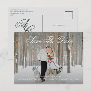 Simple Elegant Script Monogram Photo Save The Date Postcard