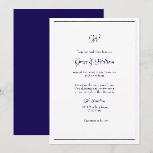 Simple Elegant Script Monogram Wedding Invitation (Front/Back)