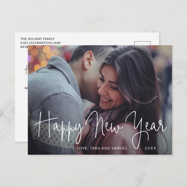 Simple Elegant Script Photo Modern New Year Holiday Postcard (Front/Back)