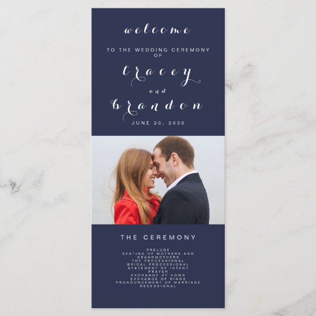 Simple Elegant Script Photo Navy Blue Wedding Programme (Front)