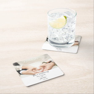 Simple Elegant Script Photo Wedding Party Square Paper Coaster
