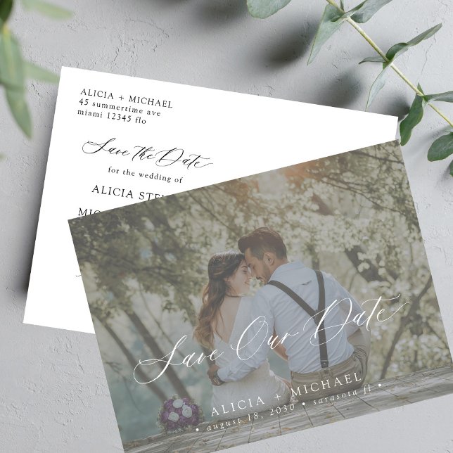 Simple elegant script photo wedding save the date announcement postcard (Creator Uploaded)