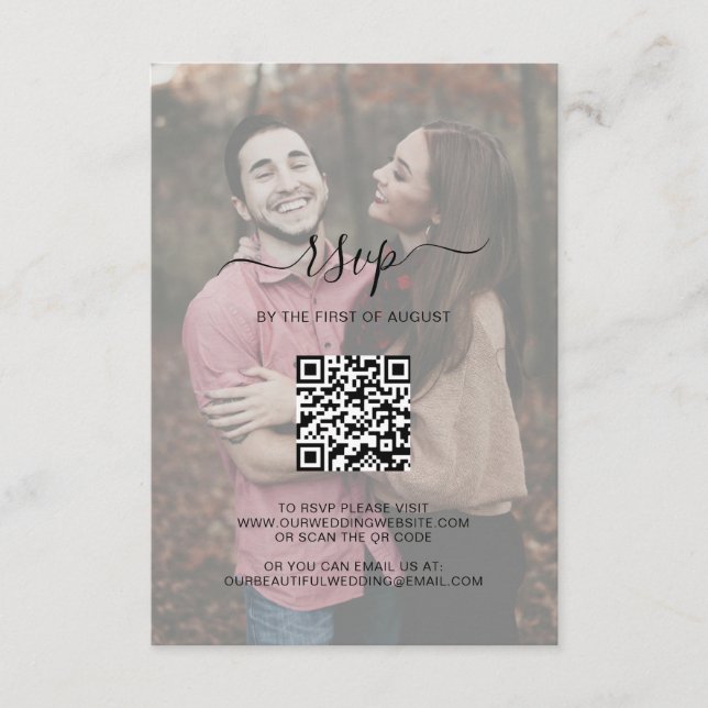 Simple Elegant Script QR Code Photo Wedding RSVP Card (Front)