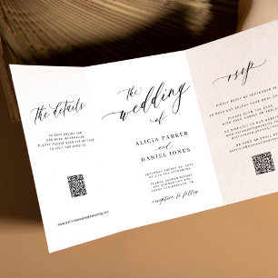 Simple elegant script RSVP QR white wedding Tri-Fold Invitation