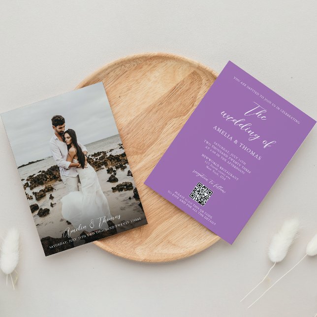 Simple Elegant Script Soft Purple QR Code Wedding Invitation (Creator Uploaded)