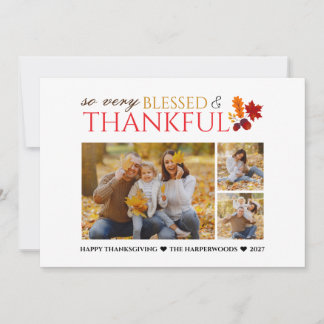 Simple Elegant Script thanksgiving family 3 photo Holiday Card