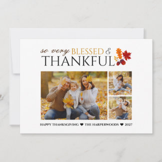 Simple Elegant Script thanksgiving family 3 photo Holiday Card